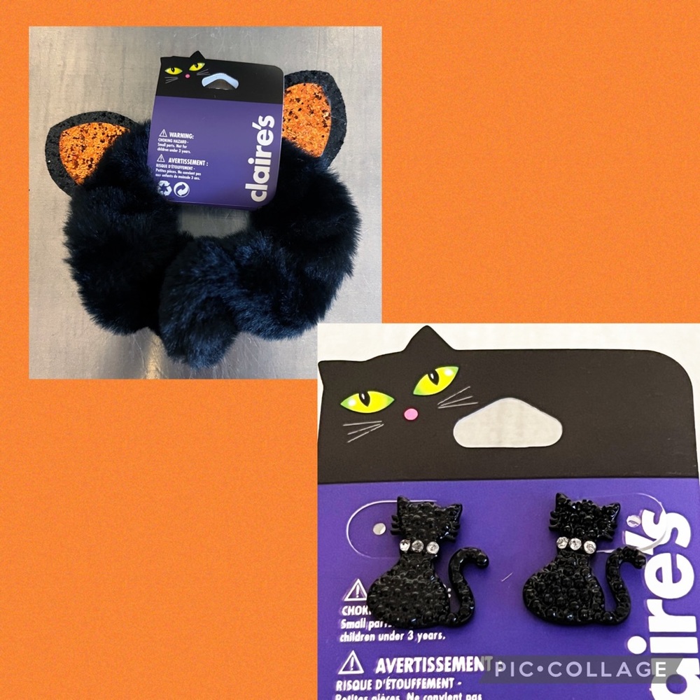 Claire’s Halloween Cat Ears Scrunchie & Black Cat Earrings